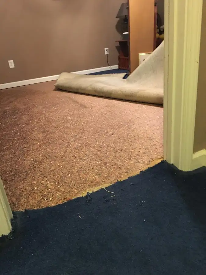 Carpet pad removal revealing water damage during Water Mitigation Services in Klamath Falls